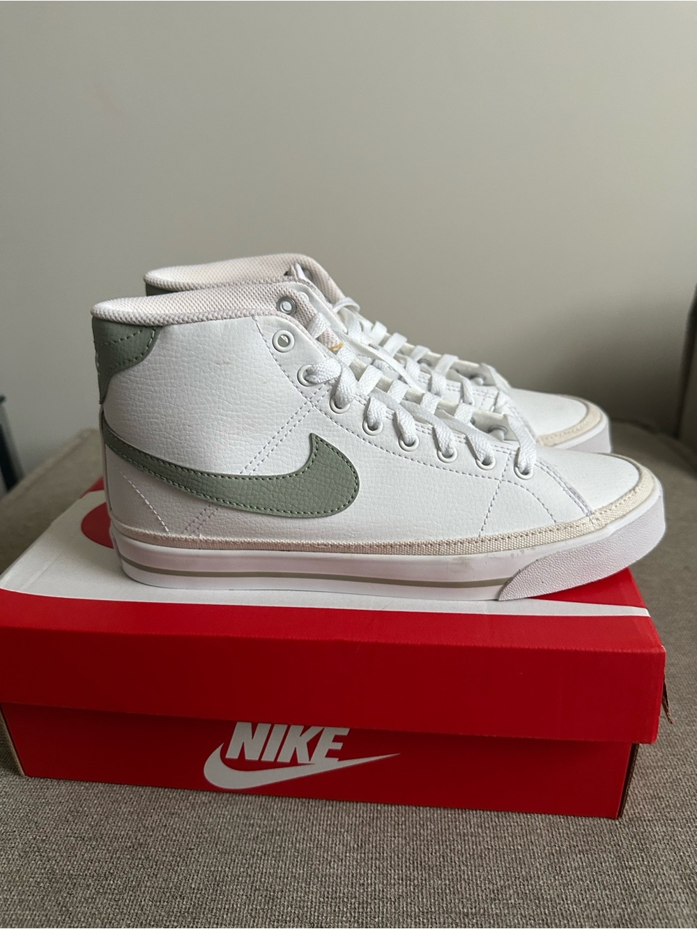 Nike Men’s White High-Top Sneakers with Olive Swoosh and Tan Trim